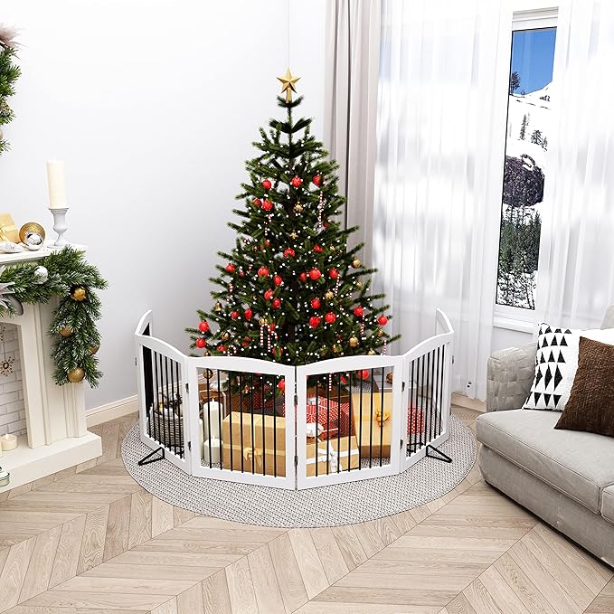 Freestanding Pet Gate for Dogs, Foldable Wooden Dog Gate for House, Extra Wide Indoor Pet Barrier for Stair, Doorway, Hall, Support Feet Included, 120 Inch Wide, 6 Panels 24", White