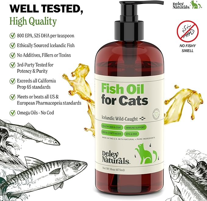 Deley Naturals Wild Caught Fish Oil for Cats with 2X Omega - Cat Fish Oil with Highest EPA & DHA Potency - Omega 3 for Cats for Shedding, Skin, Coat, Joints, Heart and Immune System - Made in The USA