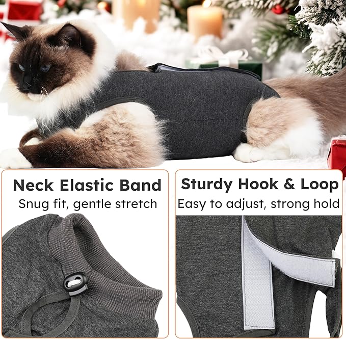 Cat Recovery Suit for Spay Abdominal Wounds, Kitten Onesie Bodysuit for Cats After Surgery, Cat Surgery Recovery Suit Female Cone of Shame Alternative for Cats Anti Licking (Dark Grey,S)