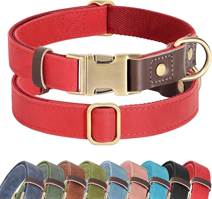 Didog Soft PU Leather Dog Collars for Medium Dogs,Classic Adjustable Dog Collars with Quick Release Metal Buckle,Easy Clean and Comfortable with Nylon Lining,Red,M Neck 13-19"