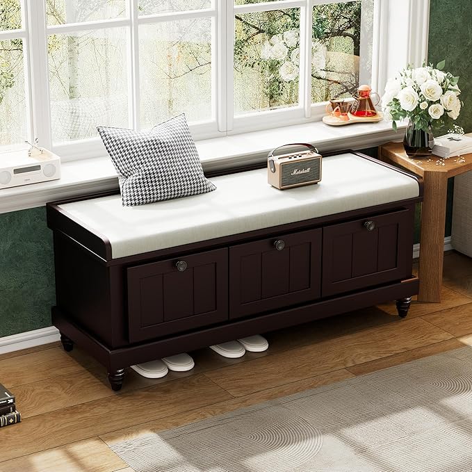 Classic Shoe Storage Bench with Cushion and Three Drawers, Fluted Entryway Bench with Storage for Entryway, Living Room, Hallways 44.0" L x 15.9" W x 18.9" H Espresso