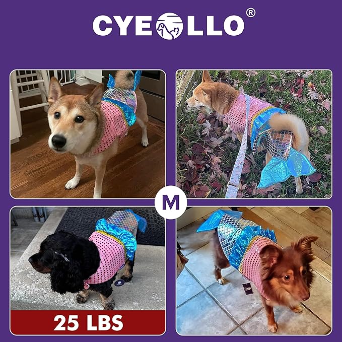 cyeollo Dog Costume Mermaid Costumes for Small Dogs Halloween Outfit Holiday Birthday Party Dog Clothes Outfits Sparkly Pet Costumes Size M