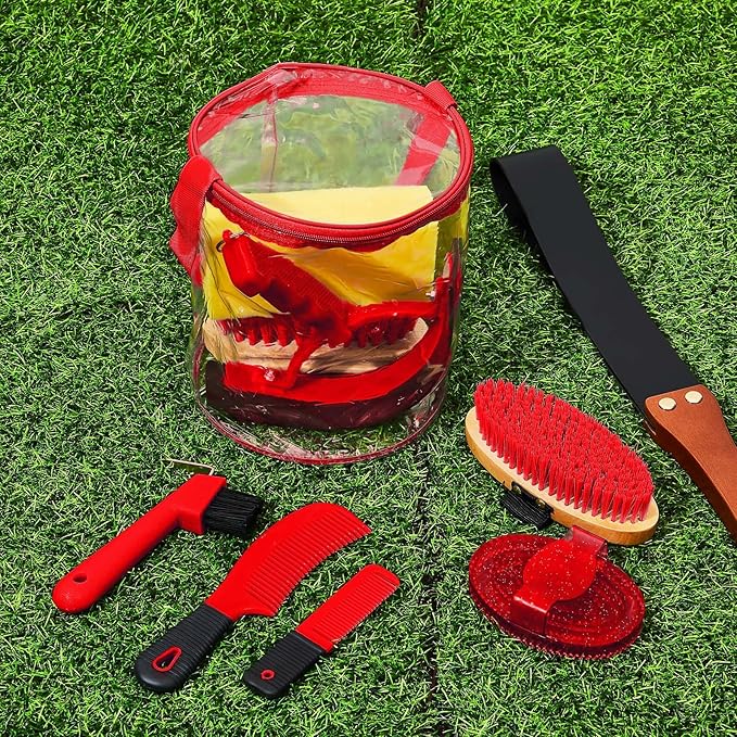 9 Pieces Horse Grooming Kit Tack Room Supplies Set with Organizer Tote Bag, Oval Massage Curry, Hard and Soft Brush, Hoof Pick, Sweat Scraper, Bathing Sponge, Combs for Horse Riders Beginners (Red)