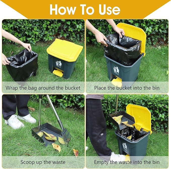 Dog Pooper Scooper, 20L Large Dog Poop Trash Can Outside with Removable Inner Bucket, Poop Trash Can for dog Outdoors with 90 Waste Bags, 37inch Long Handle Stainless Metal Tray & Rake