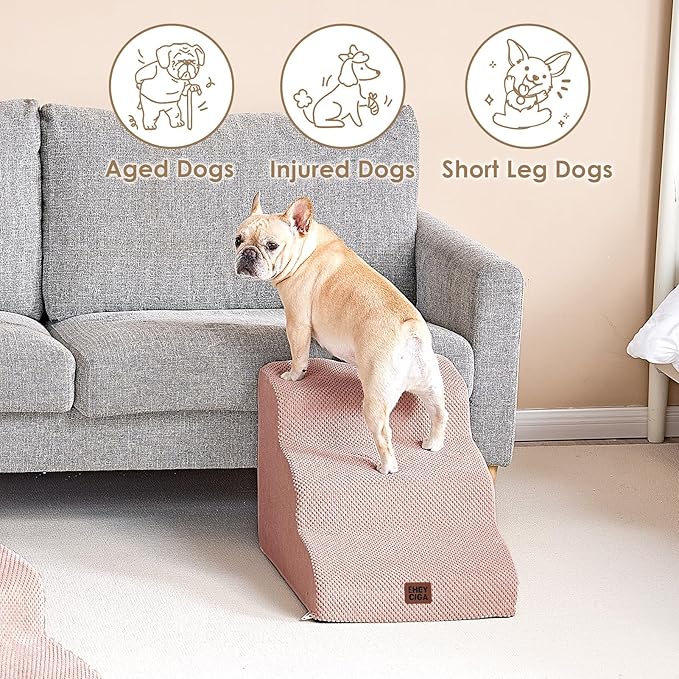 EHEYCIGA Curved Dog Stairs Ramp for Small Dogs 15.7" H, 3-Step Dog Steps for Couch Sofa and Chair, Pet Stairs for Cats, Non-Slip Balanced Pet Steps Indoor, Dusty Pink