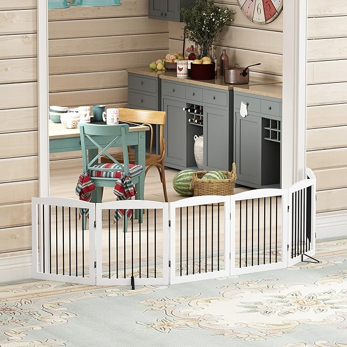 Freestanding Pet Gate for Dogs, Foldable Wooden Dog Gate for House, Extra Wide Indoor Pet Barrier for Stair, Doorway, Hall, Support Feet Included, 120 Inch Wide, 6 Panels 24", White