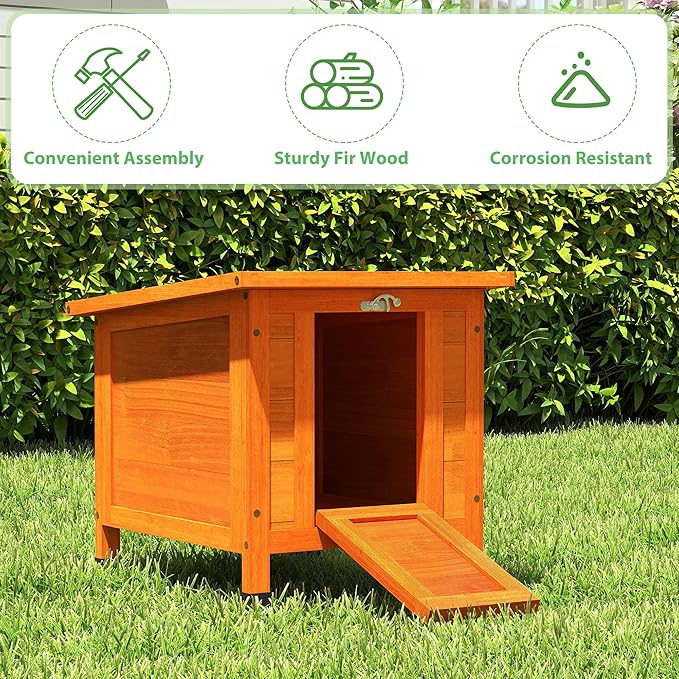 Coziwow Rabbit Hutch, Outdoor Cat House Weatherproof, Bunny Cage Indoor with Openable, Portable Small Animals Shelters with Nonslip Ramp for Hideout Rabbits/Feral Cats/Chicken/Small Animals-Orange