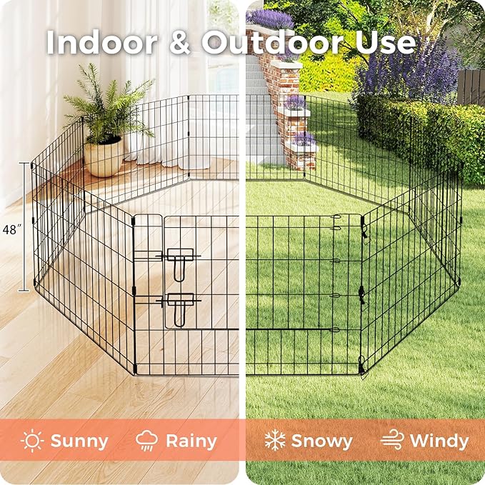 Foldable Dog Playpen 48" Height 8 Panels Metal Exercise Pen with Door - Indoor/Outdoor Dog Play Pen for Medium-Large Dogs, Portable Pet Fence for Yard Garden Camping, Black