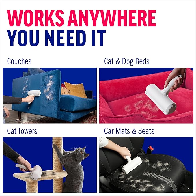 ChomChom Roller Pet Hair Remover and Reusable Lint Roller - Cat and Dog Hair Remover for Furniture, Couch, Carpet, Clothing and Bedding - Portable, Multi-Surface Fur Removal Tool (White)