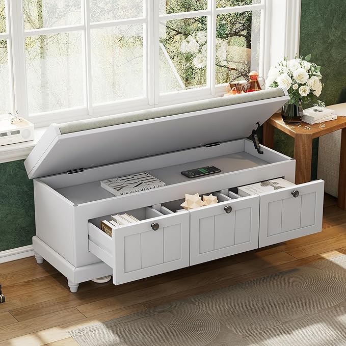 Classic Shoe Storage Bench with Cushion and Three Drawers, Fluted Entryway Bench with Storage for Entryway, Living Room, Hallways 44.0" L x 15.9" W x 18.9" H Gray Wash