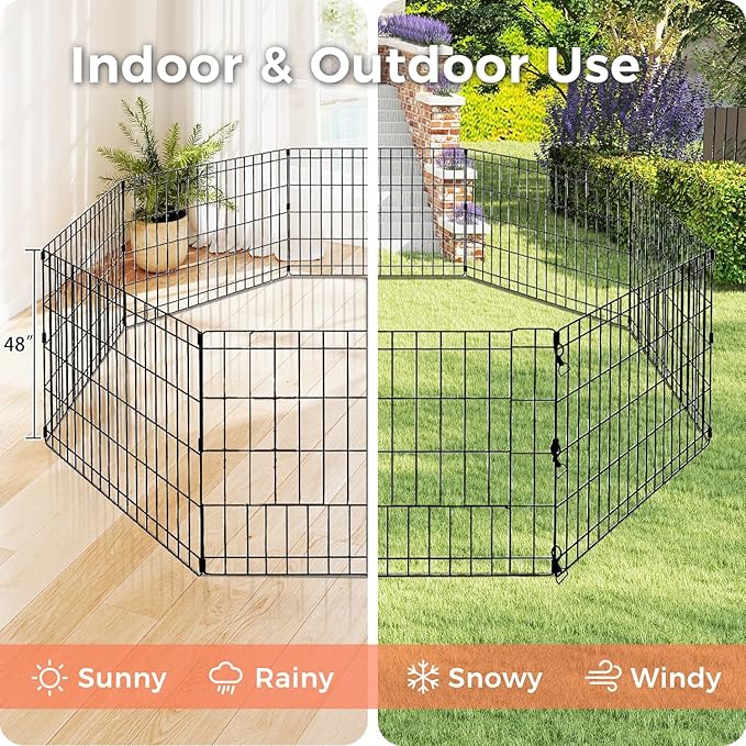 Foldable Dog Playpen 48" Height 8 Panels Metal Exercise Pen No Door - Indoor/Outdoor Dog Play Pen for Medium-Large Dogs, Portable Pet Fence for Yard Garden Camping, Black
