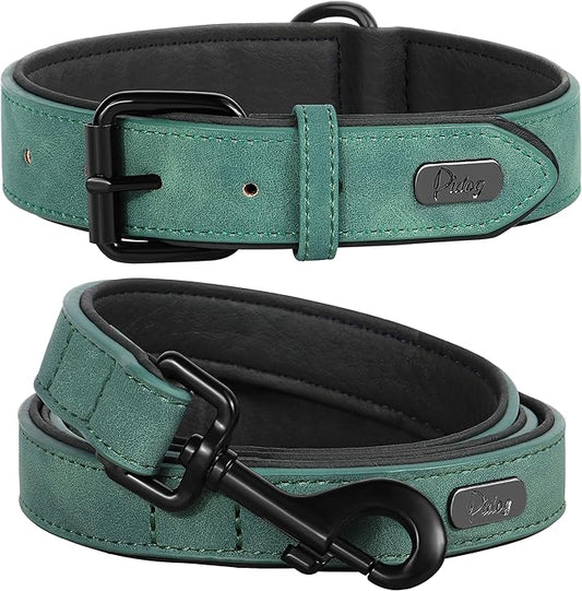 Didog Soft Padded Leather Dog Collar and Leash Set, Adjustable 4FT Faux Leather Dog Leash and Collar Set with Metal Buckle for Small Medium Large Dogs, Green, L