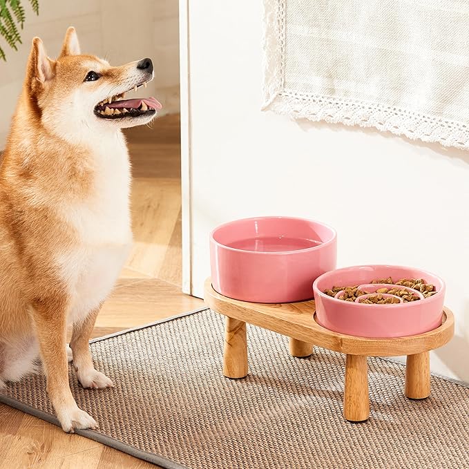 Ceramic Slow Feeder and Water Bowl Set for Small Dogs, Ceramic Dog Bowls Elevated with Wooden Stand, 0.6 Cups Dog Slow Feeder(14oz) and 30oz Water Bowl Set, Pink