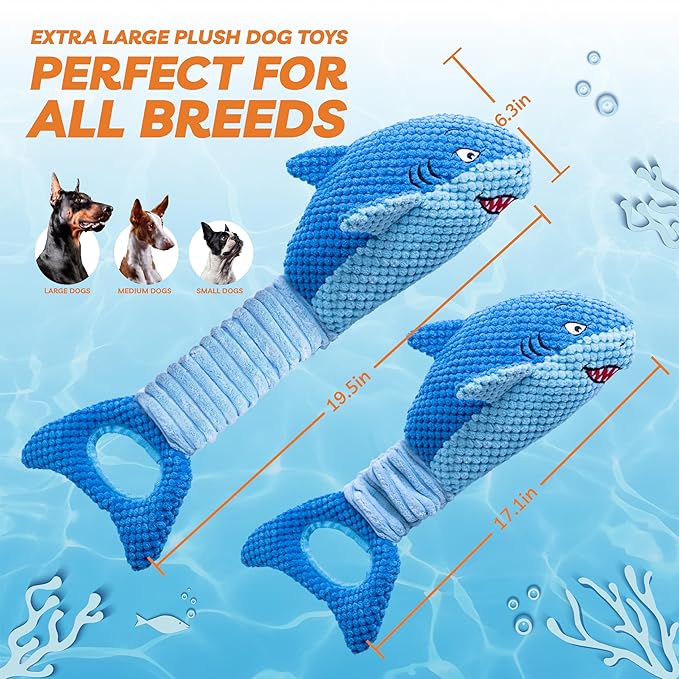 Dog Toys for Large Dogs, Squeaky Dog Toys for Aggressive Chewers, Plush Dog Chew Toys for Teething, Interactive Shark Dog Toys to Keep Them Busy Tug Of War Puppy Toys for Small,Medium,Large Breeds