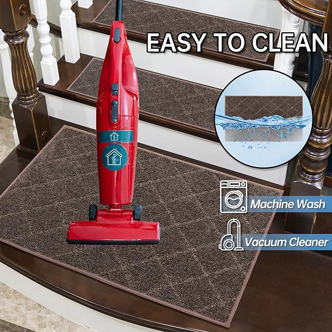 COSY HOMEER Edging Stair Treads Non-Slip Corner Indoor Stair Runners for Wooden Steps,Landing Slip Resistant Stair Rugs for Kids and Dogs, 100% Polyester TPE Backing,Brown,20"X32"