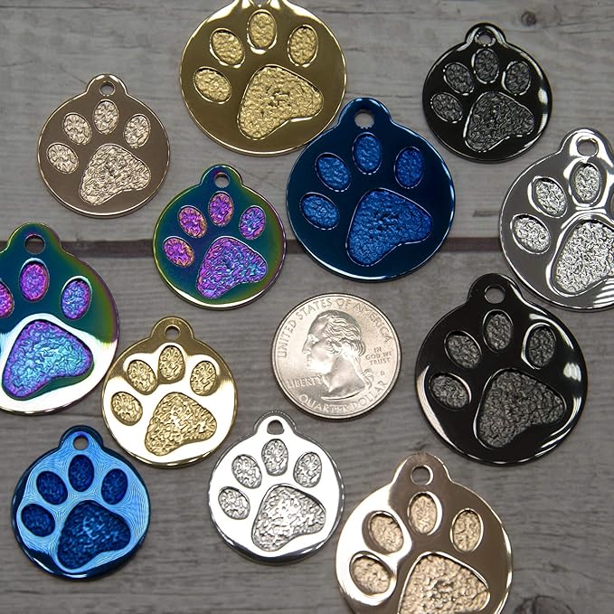 Engraved Pet Tag for Dogs and Cats - Personalized Front & Back up to 4 Lines of Text Custom Engraved ID, Round Paw Print Solid Plating Stainless Steel Rose Gold Small