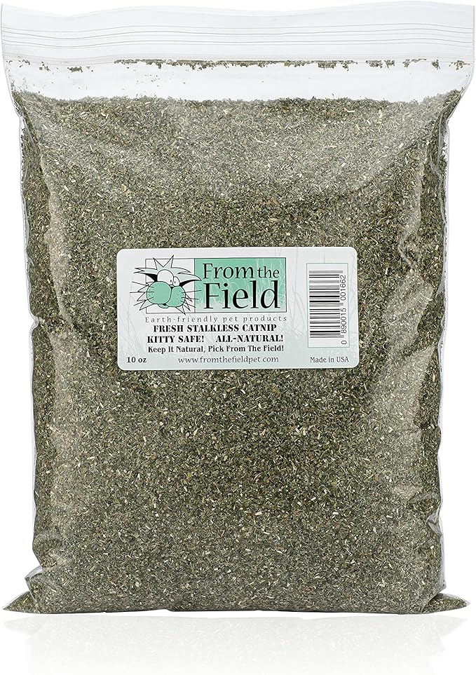 from The Field | Fine Ground Stalkless Catnip | Premium USA-Grown Catnip for Toys & Playtime | Fresh, Potent, Non-Toxic, Eco-Friendly | Safe for Kittens & Cats | Resealable 10 Oz Bag
