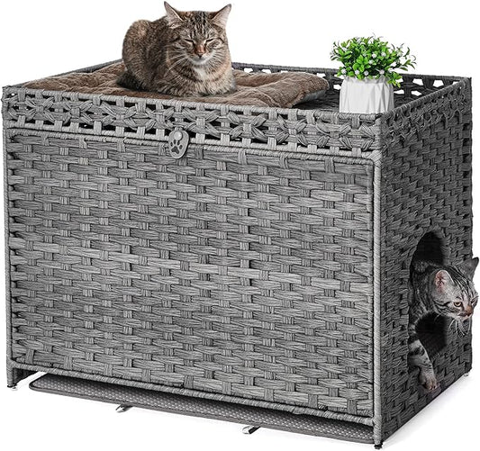 Cat Litter Box Enclosure with Soft Litter Mat; Hidden Kitten Washroom Furniture with Door; Handwoven Rattan Cat House with Large Space; Pet Crate for Living Room, Bedroom, Balcony (Grey)