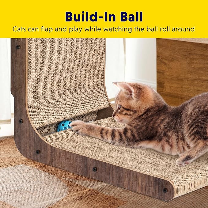 Cat Scratcher with Cat Toys Ball Track, Build-in Ball, L-Shaped Scratcher, Cardboard Lounge Bed, Stable and Durable, Furniture Protector, Reversible