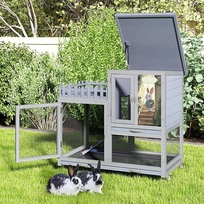 COZIWOW Double Layers Durable 38In Rabbit Hutch Indoor on Wheels, Small Animal Houses Habitat, Rolling Large Bunny Cage Outdoor with Removable Tray, Ramp, Two Story Bunny Cage（Grey with Pattern）