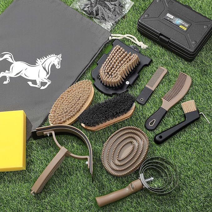 Abbylike 12 Pieces Horse Grooming Kit Racing Festival Tack Room Supplies Horse Brush Sets Equine Care Cleaning Kit Shedding Grooming Massaging Tools(Dark Gray)