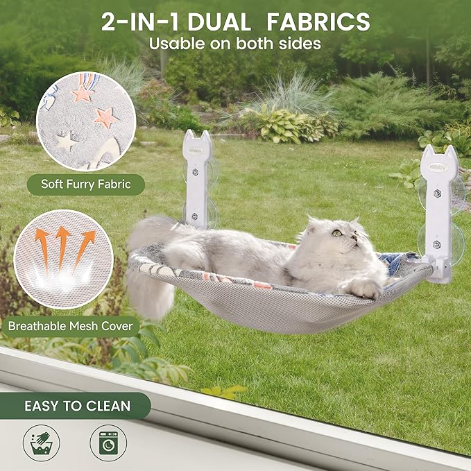 2 Pack Cat Window Perch, Glow in The Dark Foldable Cat Hammock with Sunken Design & Removable Soft Cover, Breathable Cordless Window Bed for Resting Indoor Kitten (Shallow Perch, 2 Pack - M)