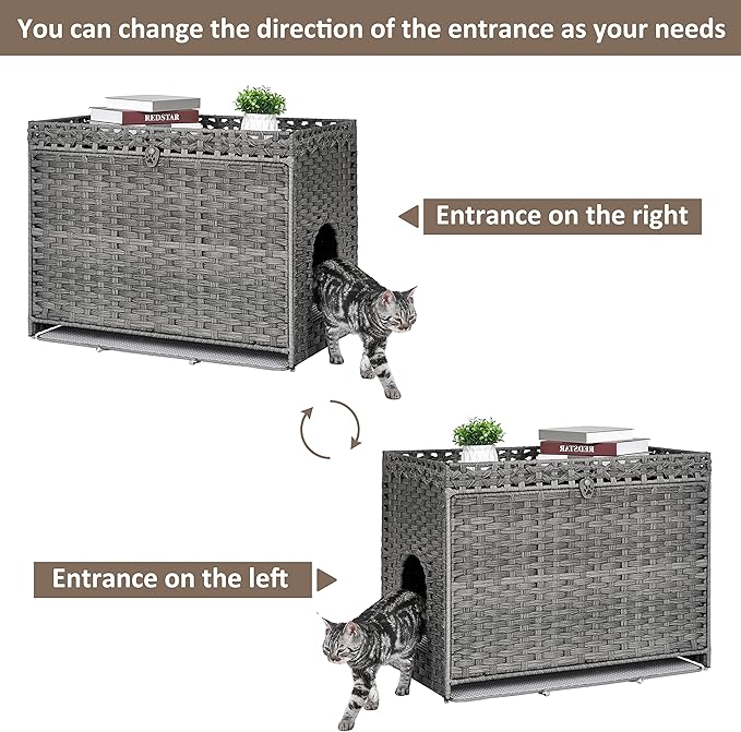 Cat Litter Box Enclosure with Soft Litter Mat; Hidden Kitten Washroom Furniture with Door; Handwoven Rattan Cat House with Large Space; Pet Crate for Living Room, Bedroom, Balcony (Grey)