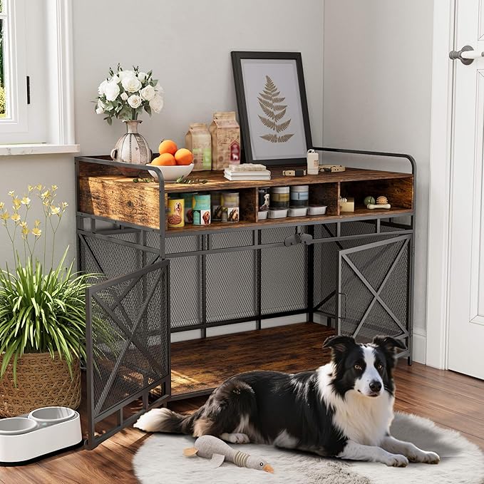 Dog Crate Furniture, 48" Heavy Duty Wooden Dog Crate End Table, XL Dog Kennel Furniture Large Breed, Decorative Dog Kenne Indoor with 3 Drawers & Steel Tubes 48" L x28 W x36 H (Rustic Brown)