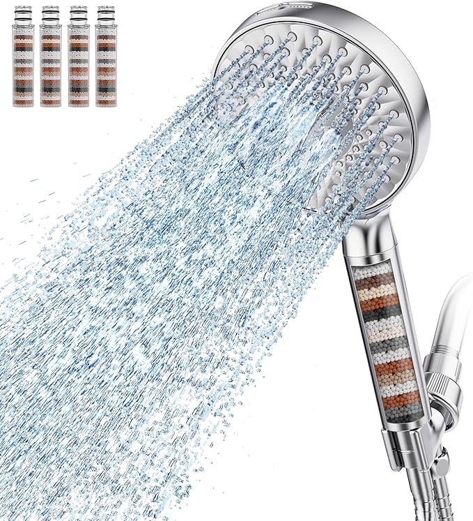 Filtered Shower Head with Handheld, High Pressure 9 Spray Mode Chrome Showerhead with 4 Filters, Detachable Shower Head, Water Softener Filters Beads for Hard Water - Remove Chlorine