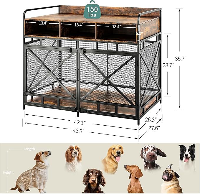Dog Crate Furniture, 43" Heavy Duty Wooden Dog Crate End Table, XL Dog Kennel Furniture Large Breed, Decorative Dog Kenne Indoor with 3 Drawers & Steel Tubes 43" L x28 W x36 H (Rustic Brown)