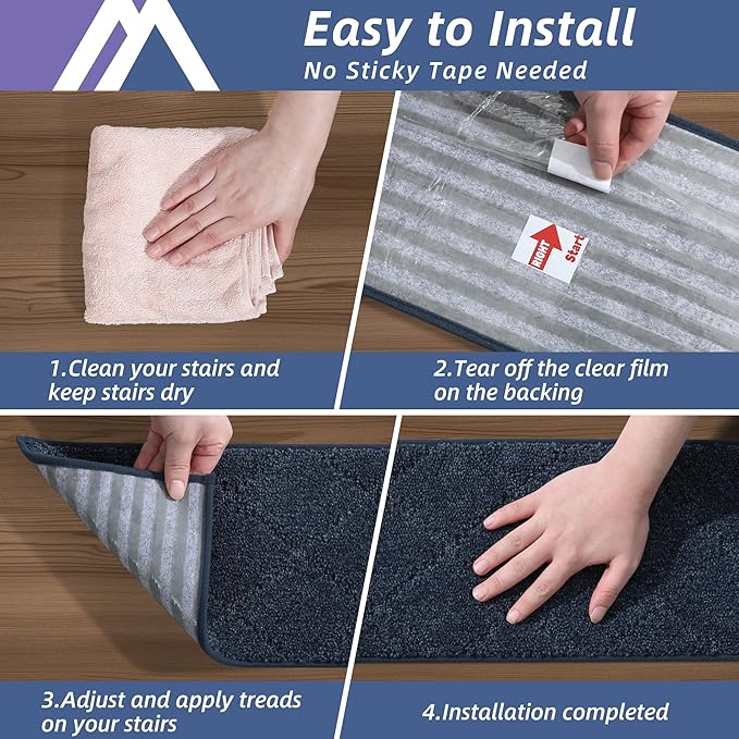 COSY HOMEER Edging Stair Treads Non-Slip Carpet Mat 28inX9in Indoor Stair Runners for Wooden Steps, Edging Stair Rugs for Kids and Dogs, 100% Polyester TPE Backing (10pc, Navy)