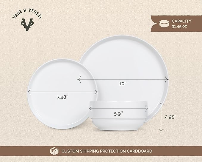 Ceramic Dinnerware Set, 12-Piece Service for 4, Soup Bowls (31.5 oz), Salad Plates (7.5"), Dinner Plates (10.5"), Round, Microwave and Dishwasher Safe, White, Cambridge Classics