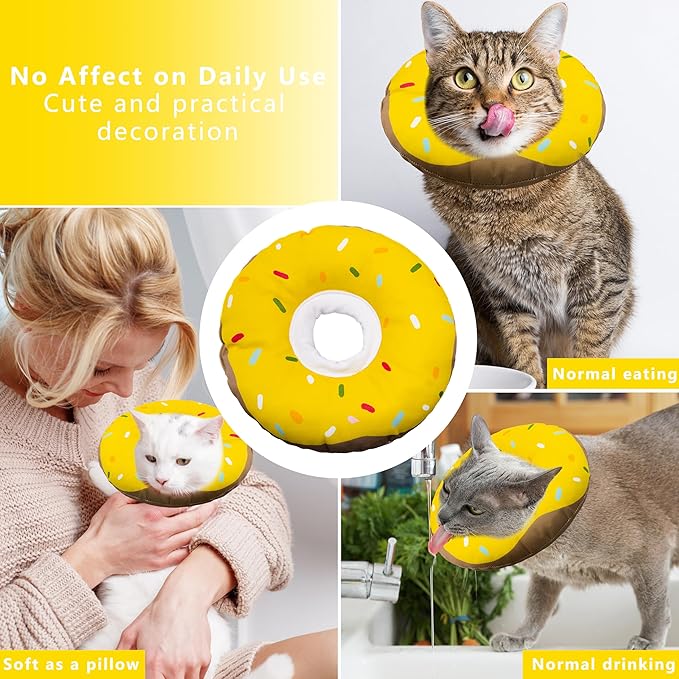 Cat Cone Collar Soft, Adjustable Cat Recovery Collar Kitten Cones to Stop Licking, Cute Donut E Collar After Surgery, Cats Neck Pillow Cone Elizabethan Cones of Shame (Waterproof Yellow, Large)