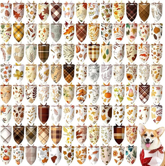 100 Pcs Fall Dog Bandanas Bulk Pet Bibs Colorful Triangle Scarf Autumn Pet Bandanas for Medium Large Dogs Fall Autumn Harvest Festival Costume Decor