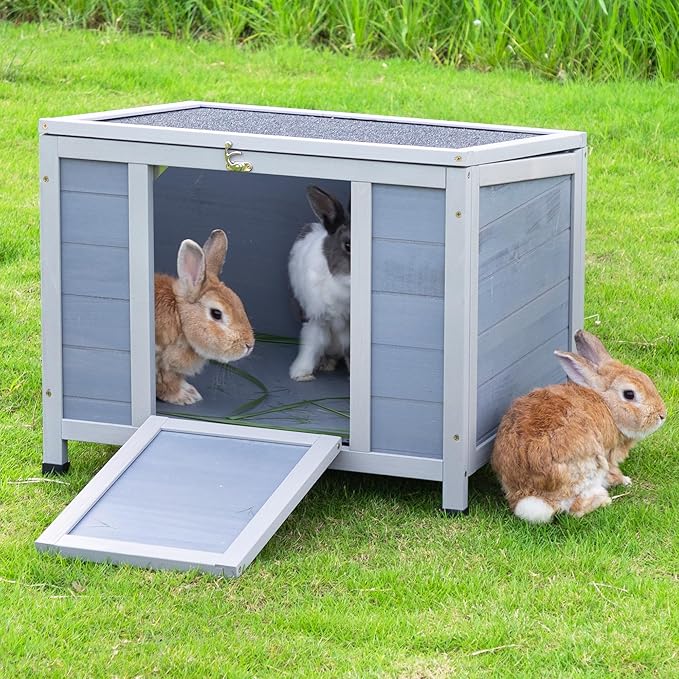 COZIWOW 24inches Wooden Catio Outdoor Cat House Small Animal House，Rabbit Hutch Indoor，Stable Weatherproof Bunny Cage Pet Shelter for Small Cat Dog Rabbit Guinea Pig (Grey)