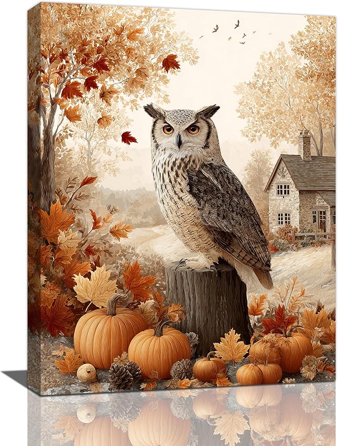 Fall Owl Wall Art Autumn Pumpkin Leaves Wall Decor Rustic Canvas Print Farmhouse Pictures Painting Print Framed Artwork Decorations Gifts for Living Room Bathroom Bedroom Office 12"x16"