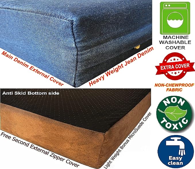 Dogbed4less Luxury XXL Orthopedic Memory Foam Dog Bed for Extra Large Dogs with Durable Waterproof Internal Case, Removable Washable Denim Cover and Bonus Pet Bed Spare Cover, 55X37X4 Inches, Blue