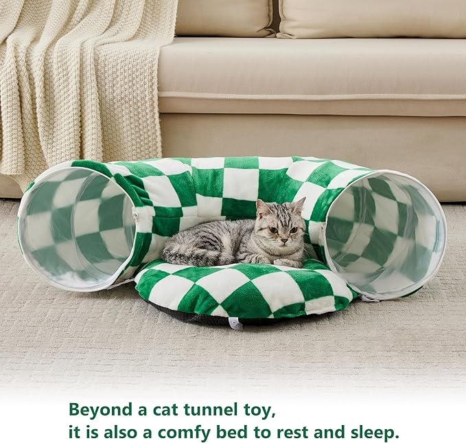 Cat Tunnel for Indoor Cats, Cute Peekaboo Cat Cave with Dangling Balls, Checkered Pet Donut Tunnel Bed with Circle Mat for Puppy Kitten Rabbit, Green/White