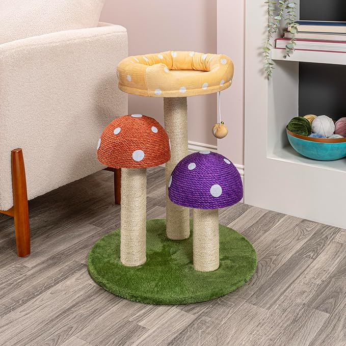 CTR1001A Pixie 22.5" 3-Tier Cottage Sisal Mushroom Cat Tree with Scratching Posts, Napping Perch, and Dangling Bell Toy, Multi