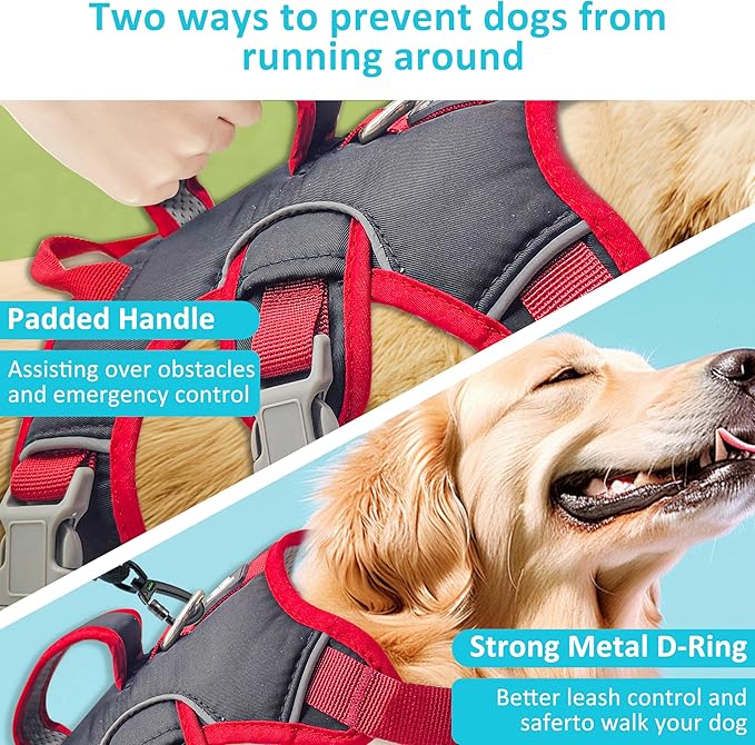Escape Proof Dog Harness, No Pull Reflective Adjustable Vest with Easy Control Lift Handle, No Choke Soft Padded Breathable Full Body Pet Harness for Walking Hiking and Training (Red, Small)