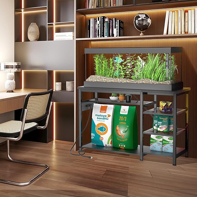 55-75 Gallon Fish Tank Stand: Heavy Duty Aquarium Stand with Power Outlets and Cabinet for Fish Tank Accessories Storage - Metal Frame, 1200LBS Capacity, Suitable for Fish & Reptile Terrariums