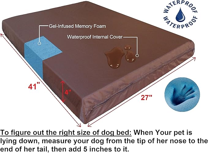 Dogbed4less Large Orthopedic Memory Foam Dog Bed for Medium to Large Dogs with Durable Waterproof Internal Case, Removable Washable Denim Cover + Bonus Pet Bed Case, 41X27X4 Fit 42X28 Dog Crate, Brown