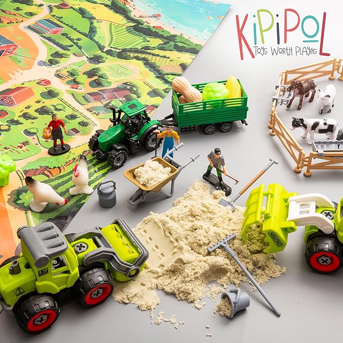 59 PCS Farm Sensory Bin Sandbox with Lid, 2.2 LB Sensory Sand, 40 Toddler Farm Toys, 3 Take Apart Construction Trucks -Sensory Toys for Kids 5-7, 3-4 & Up- Kids Gifts for Boys and Girls