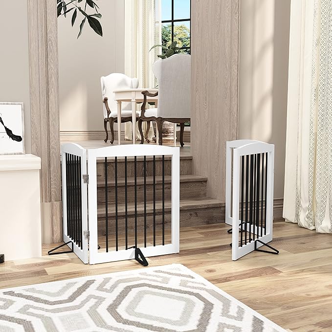 Freestanding Pet Gate for Dogs, Foldable Wooden Dog Gate for House, Indoor Pet Barrier for Stairs, Doorways, Support Feet Included, 24" Height 2 Panels, White
