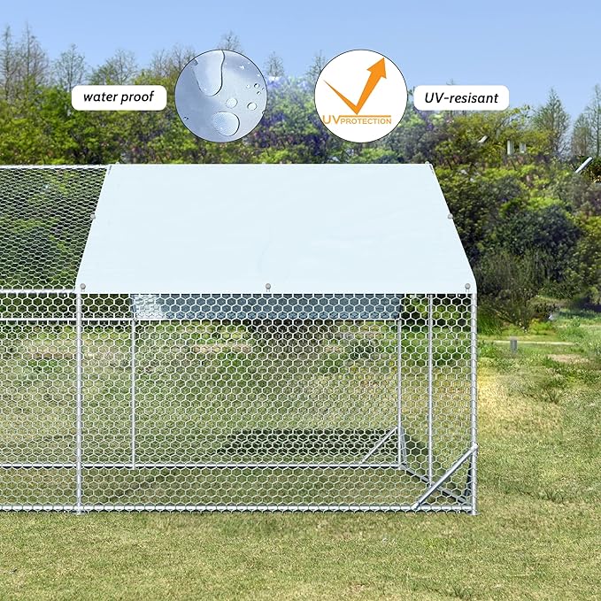 4ever2buy Large Metal Chicken Coop with Run Walk-in Poultry Cage Chicken Runs House Pen Cage Spire Roofed Chicken Coops with Anti-Ultraviolet Cover for Outdoor Backyard Farm Use 9.8’L x 6.6’W x 6.4’H
