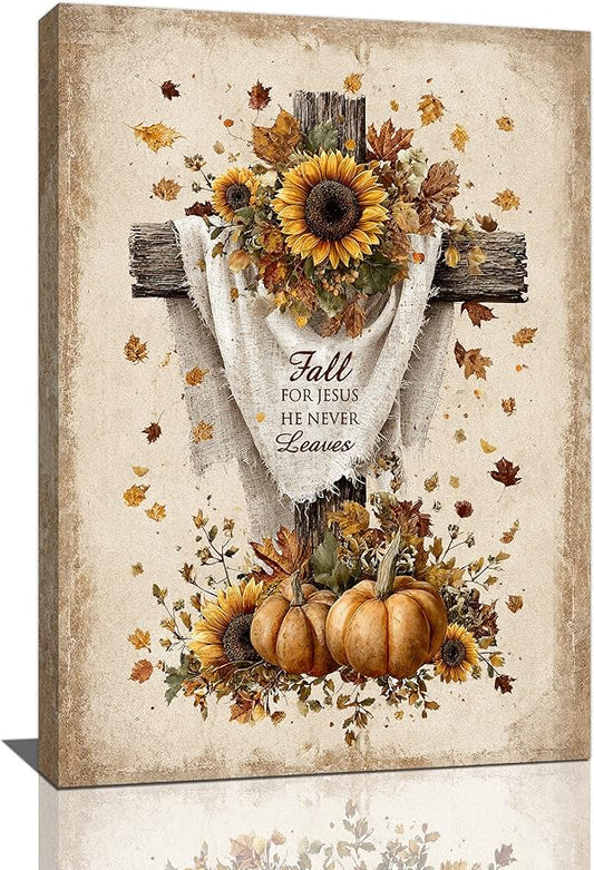 Christian Fall Wall Art Autumn Rustic Cross Sunflower Pumpkin Wall Decor Fall for Jesus He Never Leaves Pictures Painting Print Framed Artwork Decorations Gifts for Living Room Bedroom Prayer Room Office 16"x24"