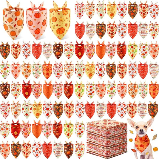 Abbylike 200 Pcs Fall Dog Bandanas Bulk Pumpkin Bandanas for Dogs Pets Triangle Kerchief Bibs Scarf for Fall Autumn Thanksgiving Costume Photo Props Accessories Pet Shops Adoption Events, 25 Styles