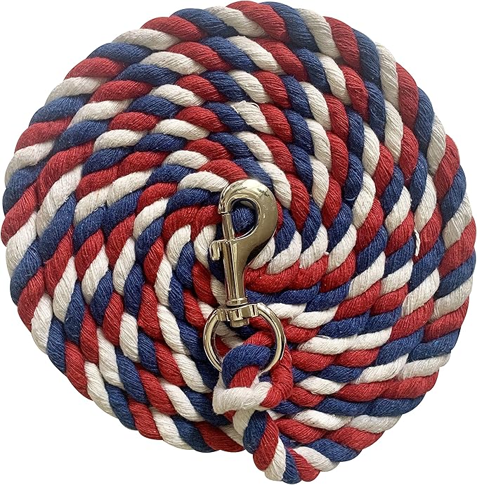 Majestic Ally Pack of 2 Solid Cotton Lead Rope for Horses & Livestock – 10 Foot Long and 5/8 inch Thick - Replaceable Heavy-Duty Satin Bolt Snap – Handmade – Soft, Broken in Feel (Patriotic)