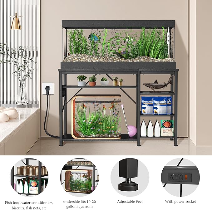 40-50 Gallon Fish Tank Stand: Heavy Duty Aquarium Stand with Power Outlets and Cabinet for Fish Tank Accessories Storage - Metal Frame, 1000LBS Capacity, Suitable for Fish & Reptile Terrariums