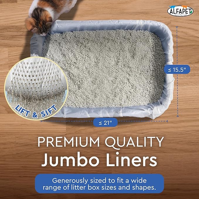Alfapet Sifting Cat Litter Box Liners - Jumbo 30 Count, Tear-Resistant Cat Litter Bags, Waterproof Kitty Litter Liners, Fits Litterbox Pan Sizes X-Large, X-Giant, 37" x 18" 30 lb Capacity